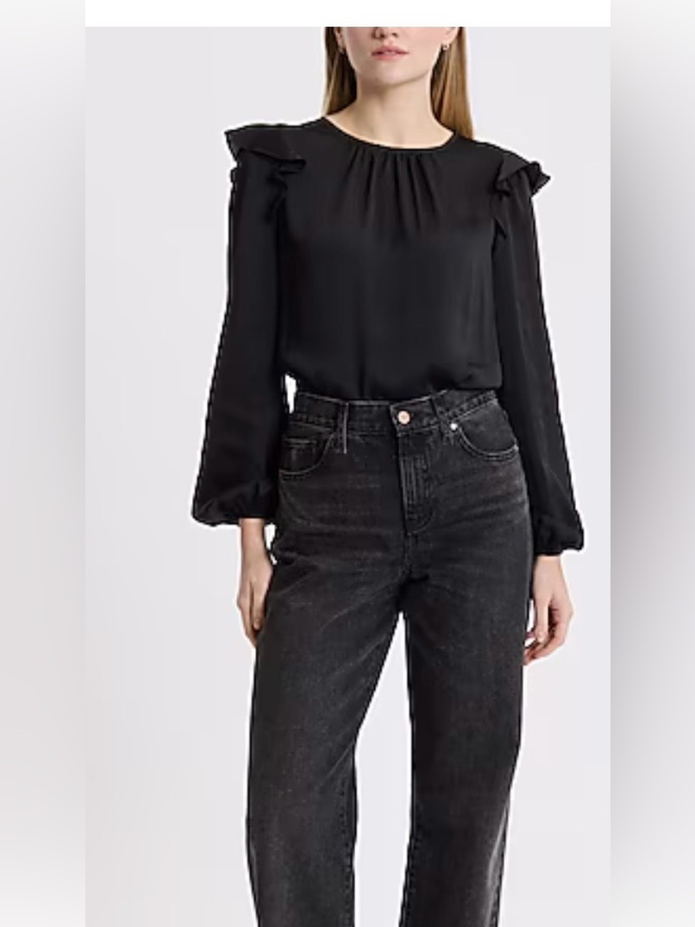 Express Crew Neck Poplin Ruffle Shoulder Light Weight Sweater - Black - Sz Small